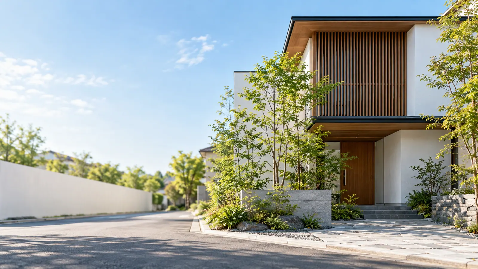 木の格子と白い壁の一戸建てと植栽のイメージ